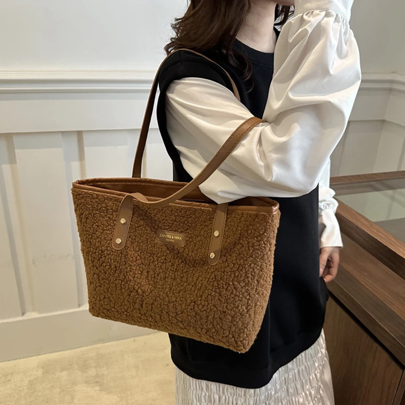 Cashmere womens handbag winter fluffy fur handbag large capacity womens business bag solid color shoulder bag shopping bag 241205