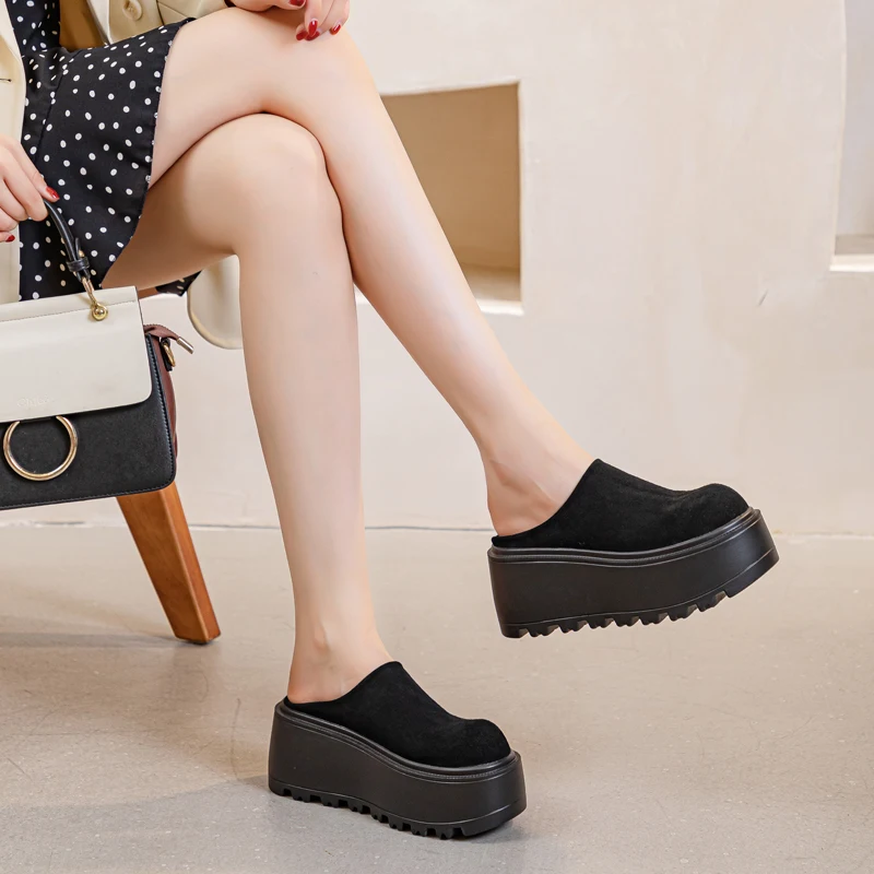 AIYUQI Women Winter Slippers Genuine Leather Closed Toe Slippers Women Platform High Heels Wear One Foot Slippers Women