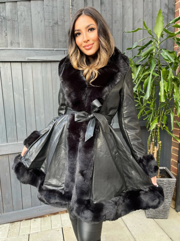 RR2076 PU Leather Long Jacket Womens Fashion Tie Belt Jacket Womens Elegant Side Pocket Faux Fur Jacket Womens 241202