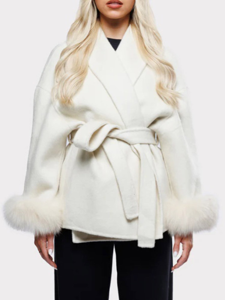 Elegant White Cuff Faux Fur Patchwork Woolen Coat With Belt Women Long Sleeve Lapel Jacket Winter New High Street Outwear