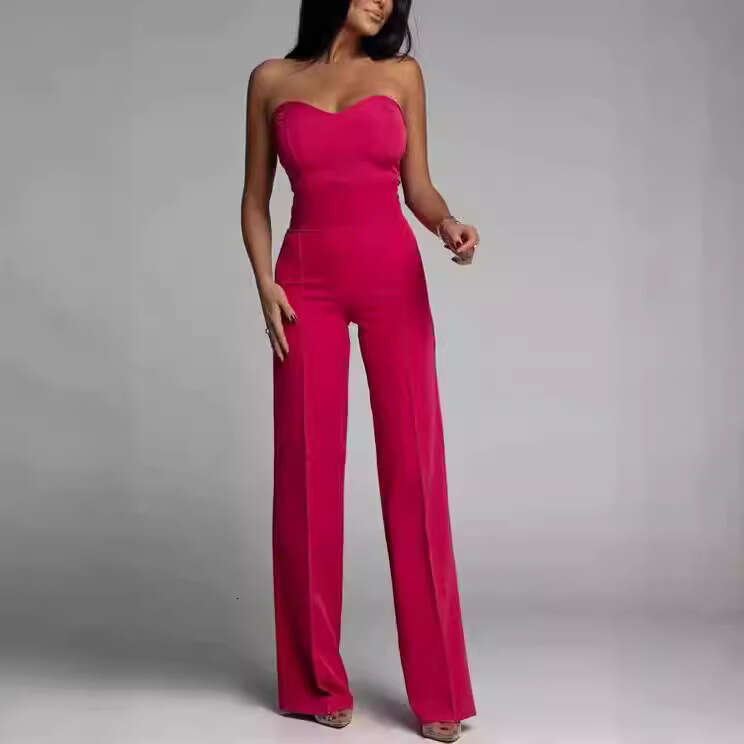 Spring summer women's European American sexy slim fit strapless straight leg jumpsuit 2024 new style chic and elegant clothing