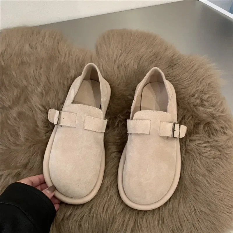 Womens Shoes Sen Series Khaki Flat Shoes French Retro Single Shoes Lefu Shoes Frosted Boken Shoes Autumn and Winter 241206