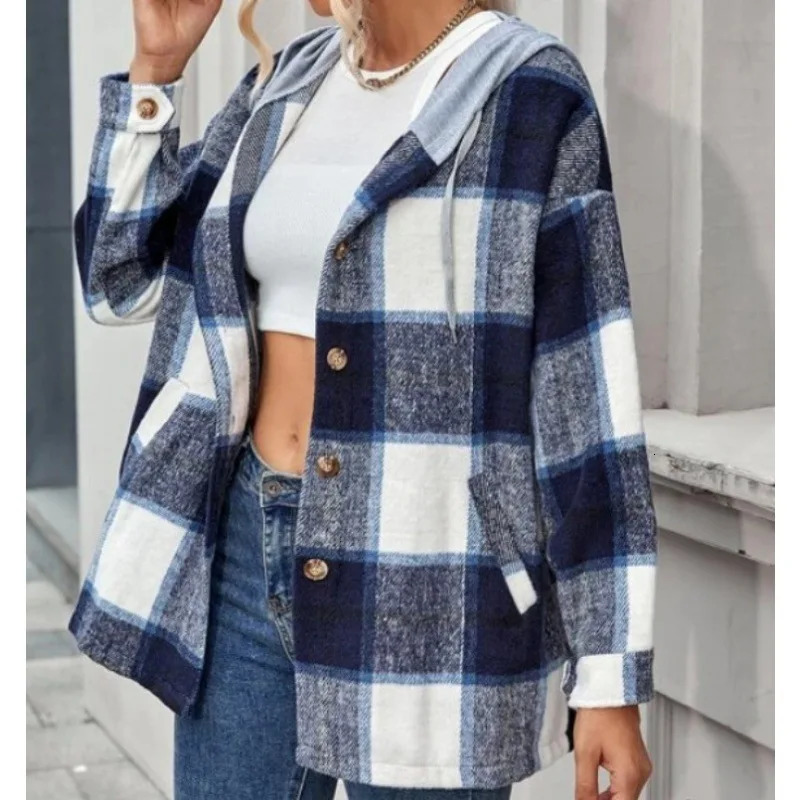 Cross Border Independent Station Flannel Plaid Hooded Woolen Coat for Women 241202