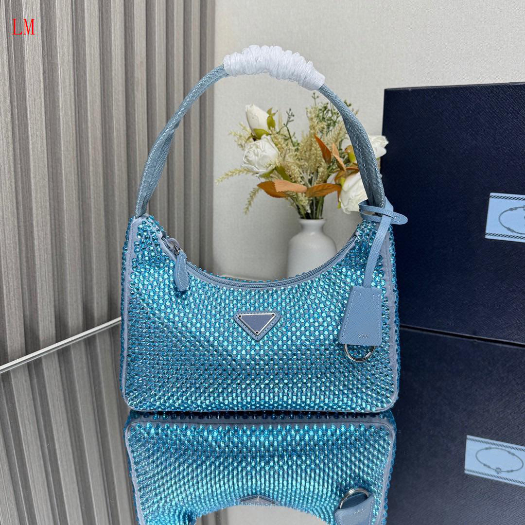 Shoulder Bags Designer Shoulder Hand Bag 1ne515 Flash Diamond Hobo Re-edition Hobo Crystal Embellished Satin Blue Small Tote 7a Best Quality
