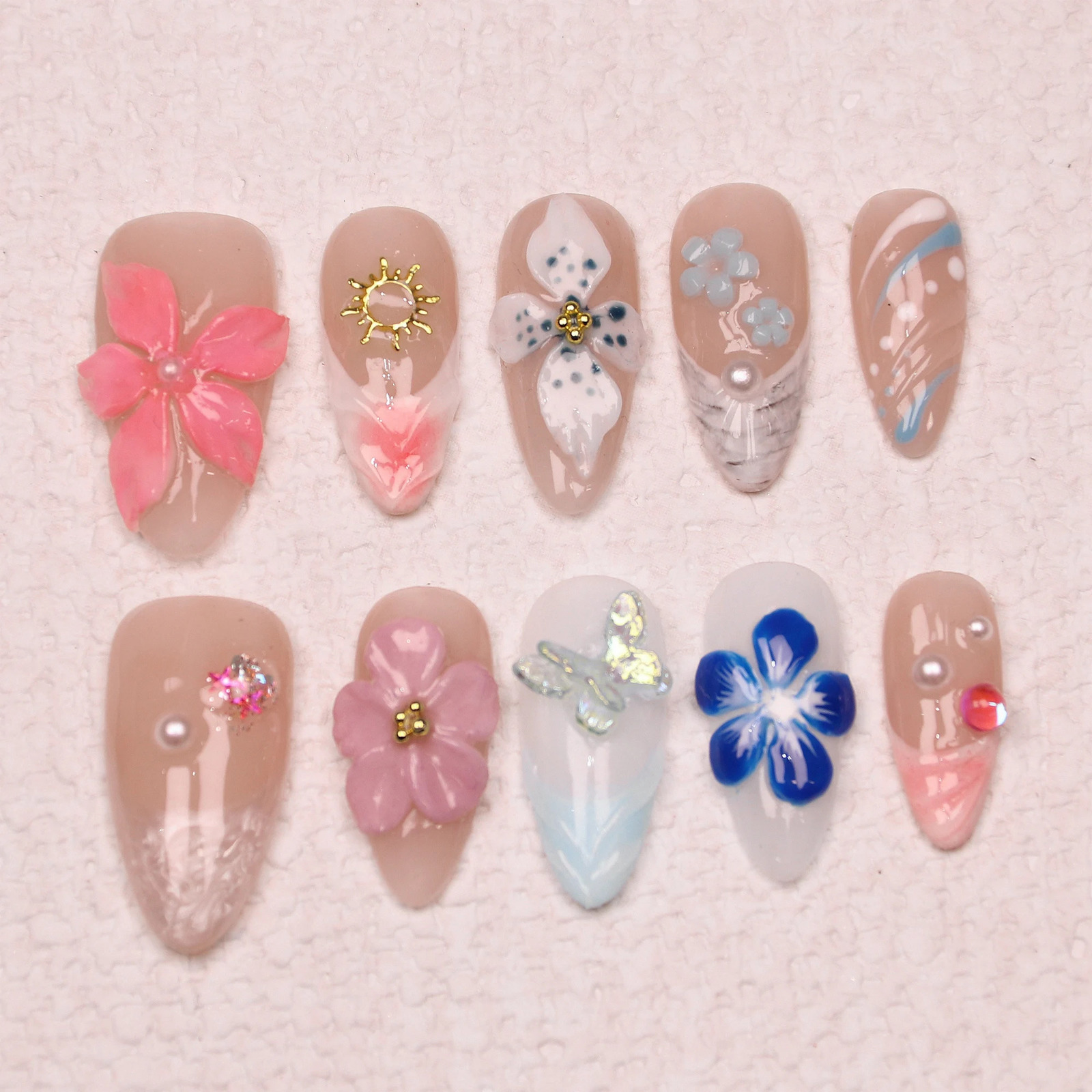 10Pcs Handmade Manicure Medium Almond Fake Nails Unique 3D Cut bow Flowers Press On Nails with Adhesive Nail File Set 241206
