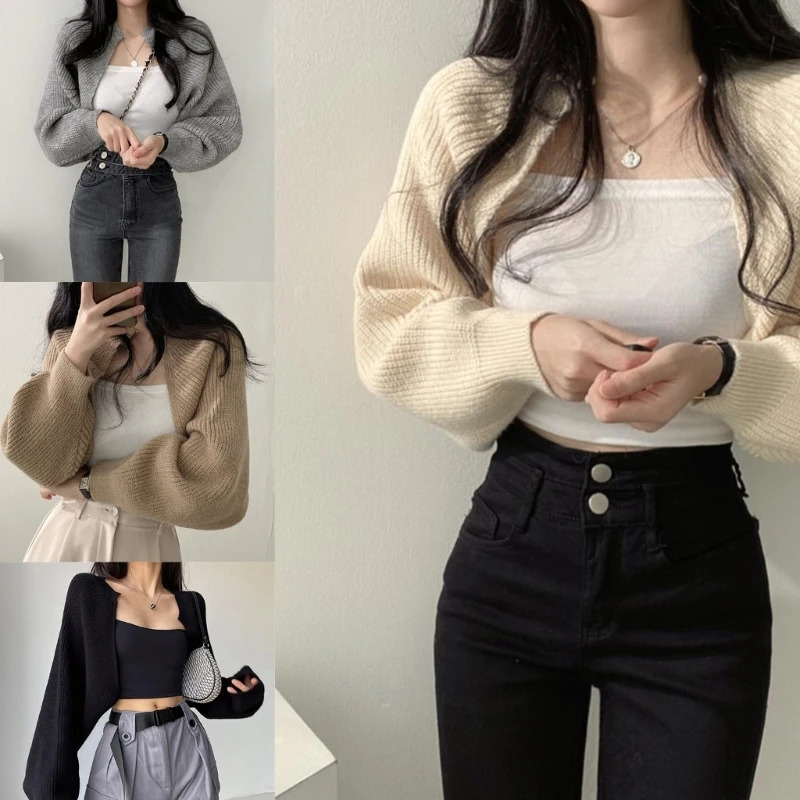 Womens knitted corset long sleeved crop Boleros cardigan wool sweater short top 241206