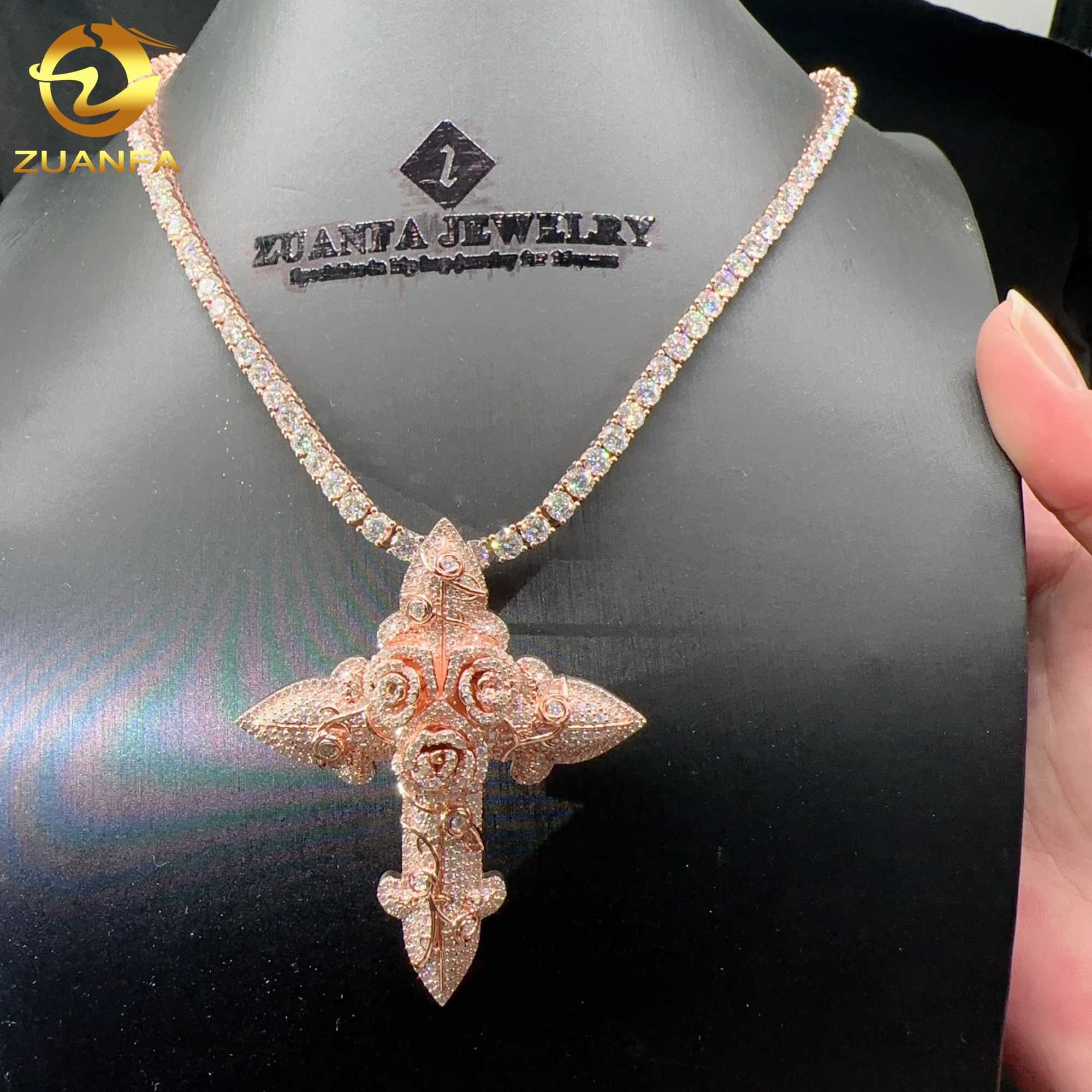 Custom tennis chain pendant sterling silver 925 vvs moissanite hip hop iced out jewelry fashion cross pendant