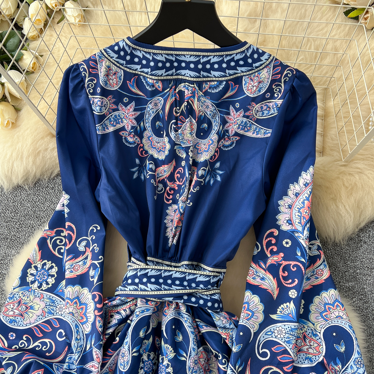 Casual Dresses Autumn Retro Bohemian Paisley Dress Holiday Cross V Neck Lantern Sleeve Vintage Print Bandage Lace Up Robe Vestidos Maxi Clothes 2025