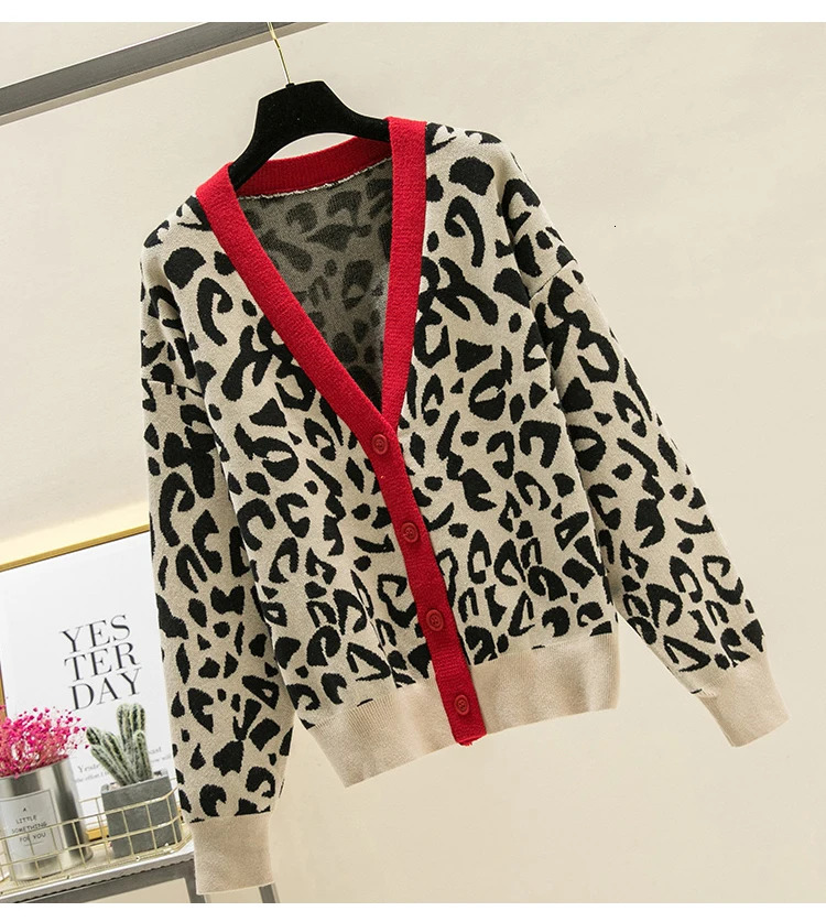 Autumn And Winter Womens Knitted Leopard Print Cardigans Ladies SingleBreasted Sweater Red Jumper Female Clothing