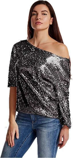 European and American style loose slanted shoulder short sleeved casual sequin deep V-shirt 2024 temperament versatile new trendy clothing ins