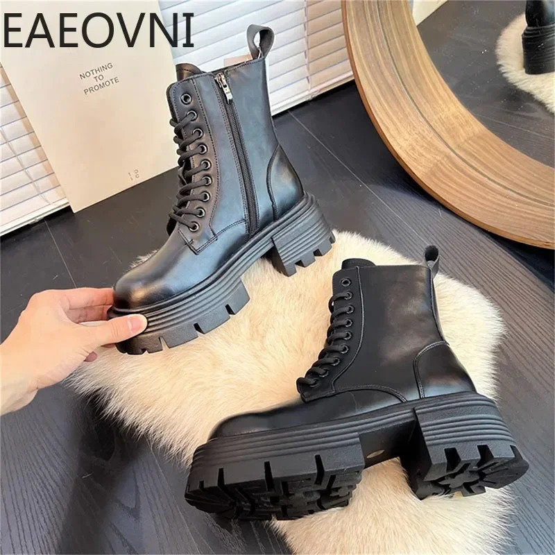 High Platform Womens Motorcycle Boot for Winter Fashion Lace Up Square Heel Short Booties Autumn Girls Shoes 241206