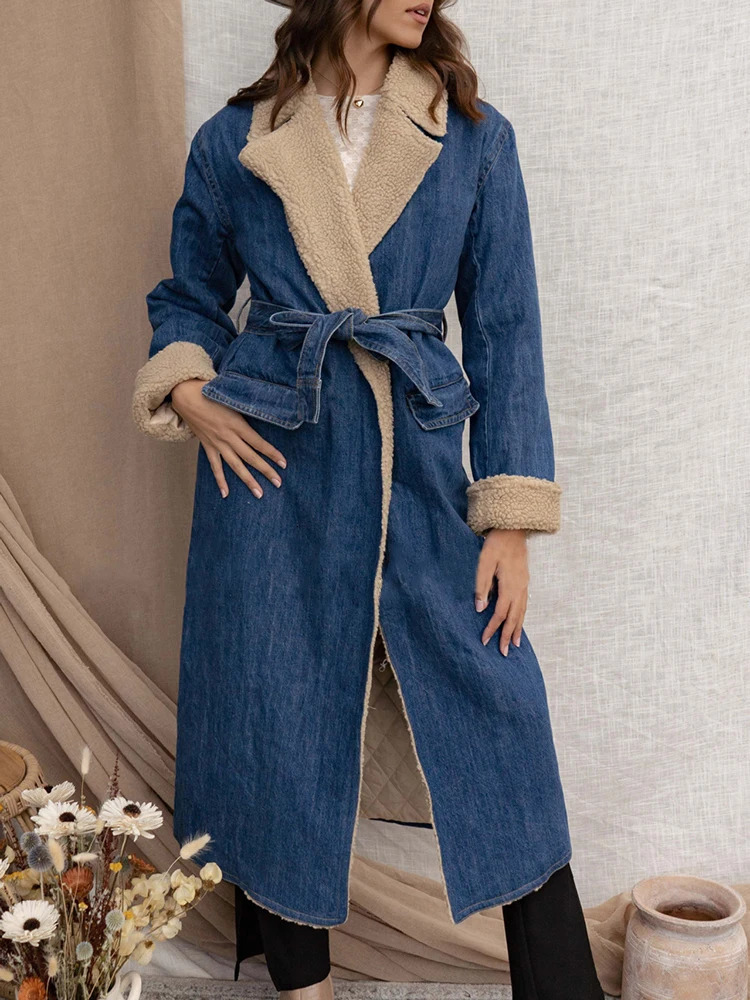 GVUW Collar Denim Womens Long Coat Full Sleeve Open Splicing Pocket 2024 Winter Retro Style Top 17G9092 241206