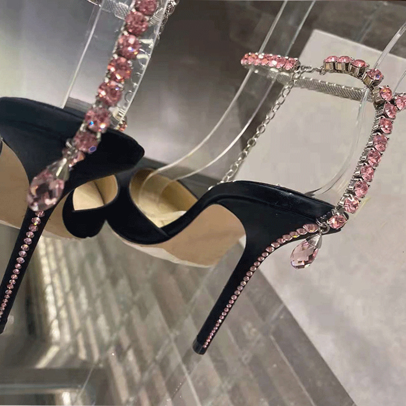 BVJC's new water diamond pointed straight buckle strap toe sandals with women's slim heel design, niche high heels