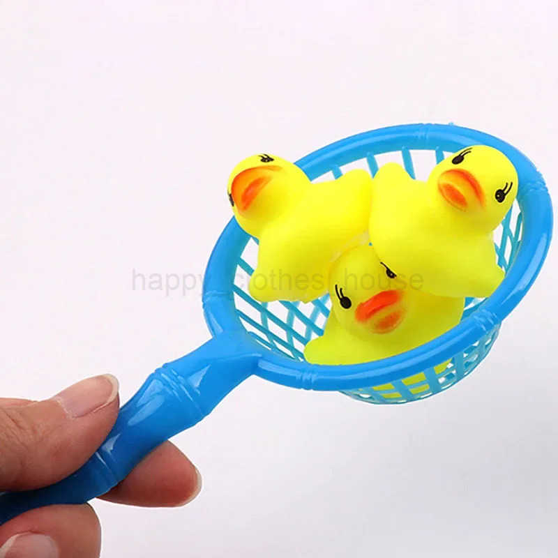 5Pcs/set Kids Floating Bath Toys Mini Swimming Rings Rubber Yellow Ducks Fishing Net Washing Swimming Toys Water Fun pool toysXJ241207