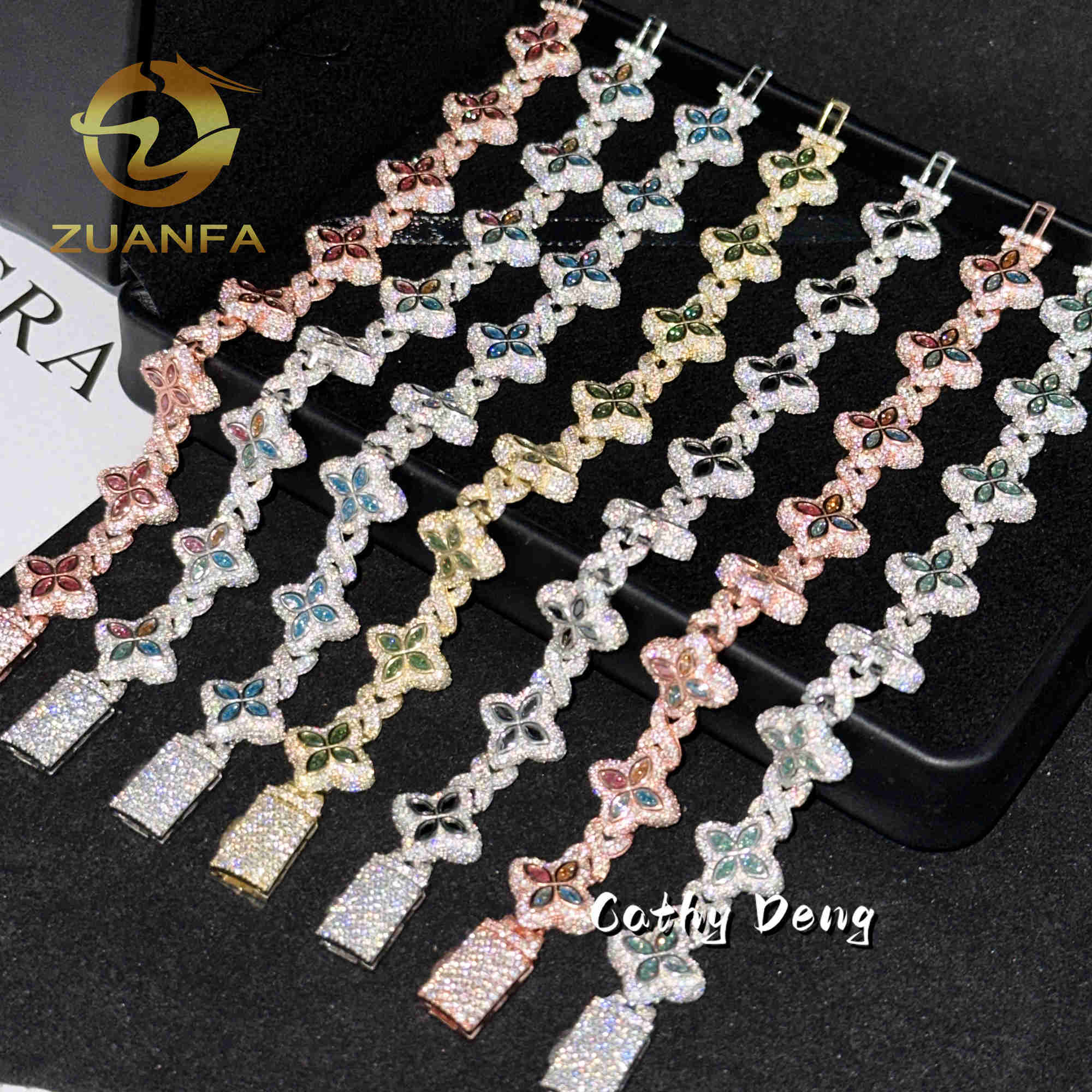 New 15mm Marquise Flower Design Hip hop Jewelry Iced out Unisex Moissanite Cuban Link Chain 925 Silver Moissanite Bracelet