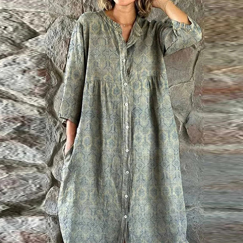 Bohemian Loose Single Breasted Women's Casual O-neck Pocket Commuting Spring Summer Print Long Sleeved Dress