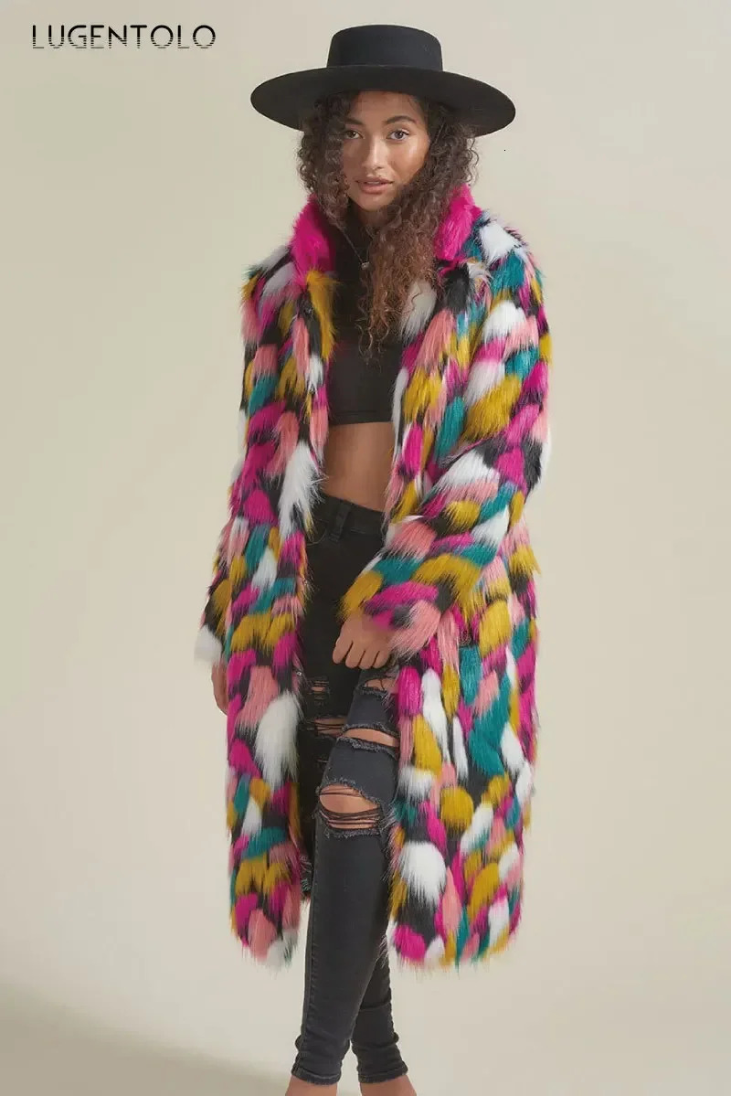 Womens artificial fur long coat rainbow colored fashionable artificial fox fur autumn and winter womens leisure street warm quality fabric 241202
