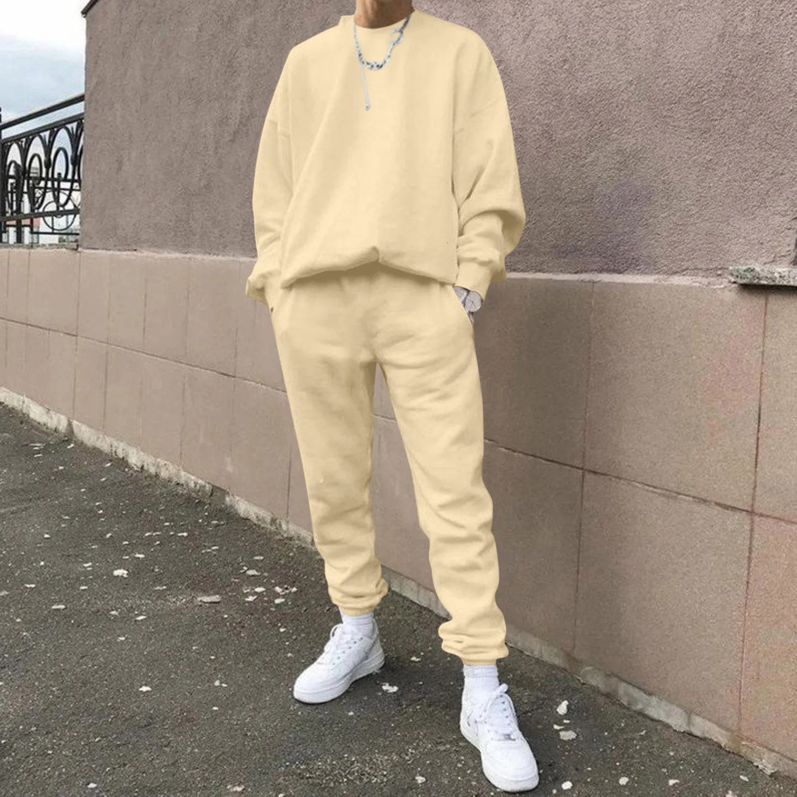 Spring and autumn solid color sportswear set mens hooded sweatshirtsweatpants y2k sportswear 2-piece setloose fitting size set 241205