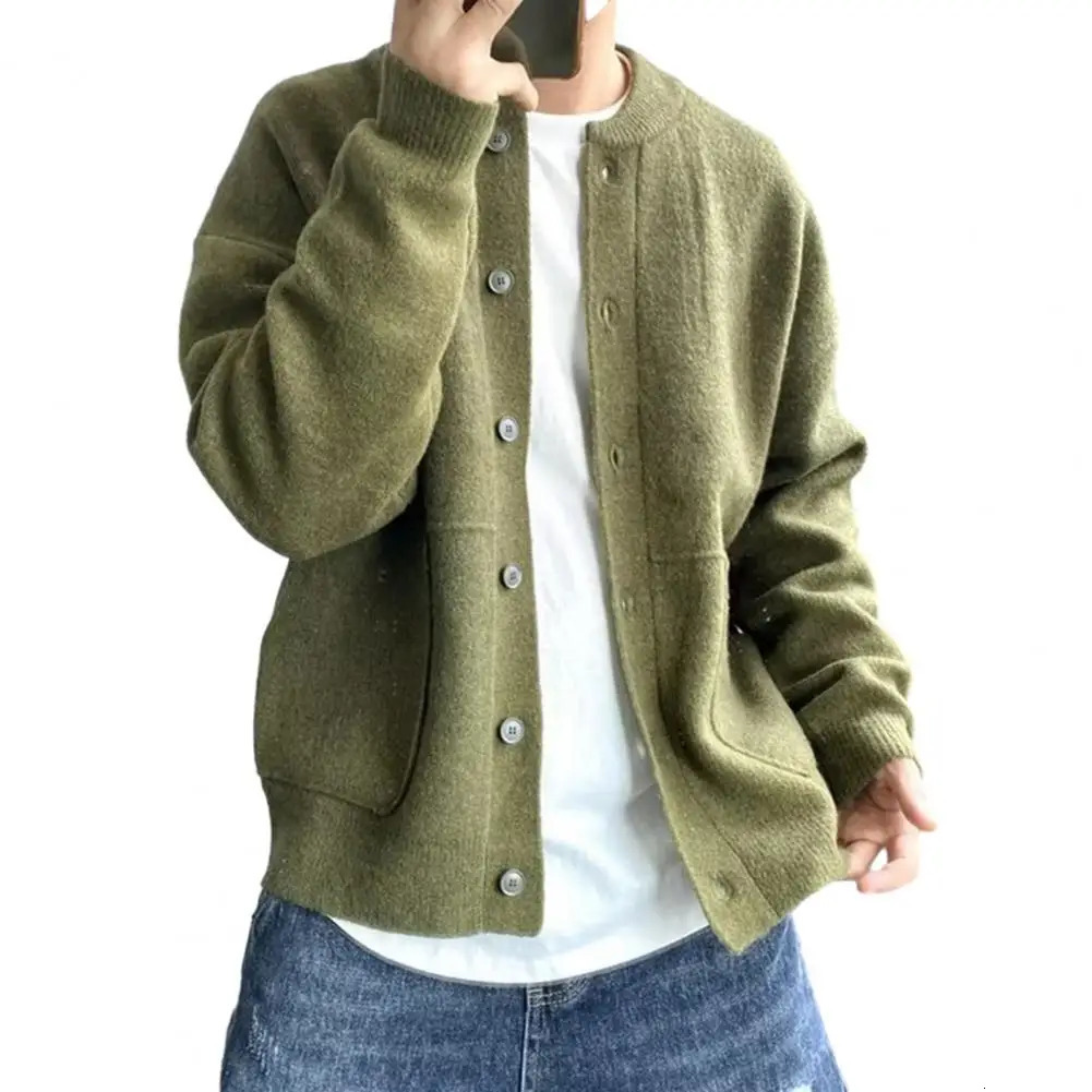 Mens round neck knitted cardigan single breasted solid color long sleeved jacket for warmth 241206