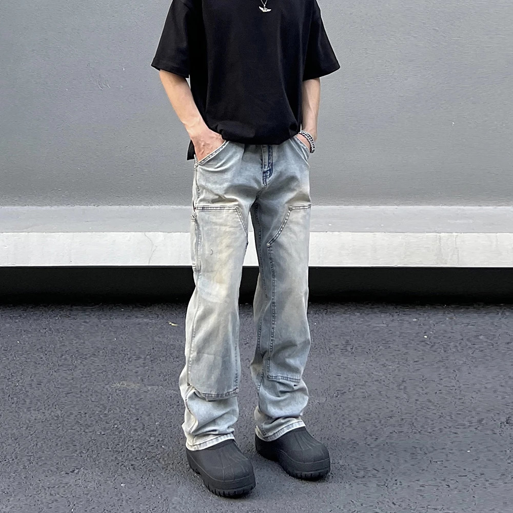 American streetwear double knee logging coverage mens spring and autumn jeans light blue straight leg pants cleaning and washing jeans 241206