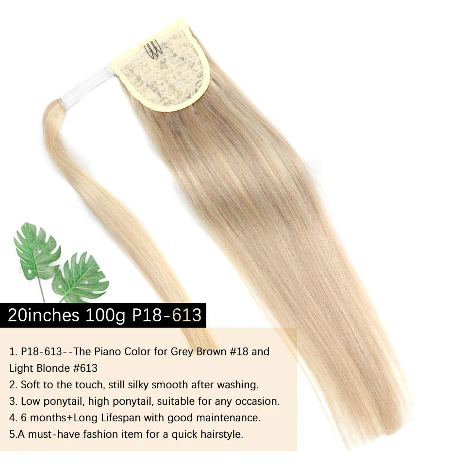 Ponytail Human Hair P18-613 Wrap Around Natural Real Hair Bonde Ponytail Hair Extension Straight pony tail hairpiece clips in 14 18 20 inch 100g