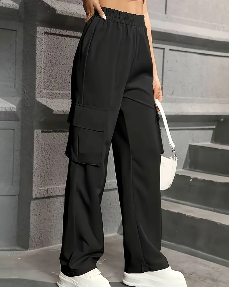 Elastic Waist Fashionable Workwear Pants High Wide Leg Loose Solid Color Casual Sports PantS Sportswear 241203