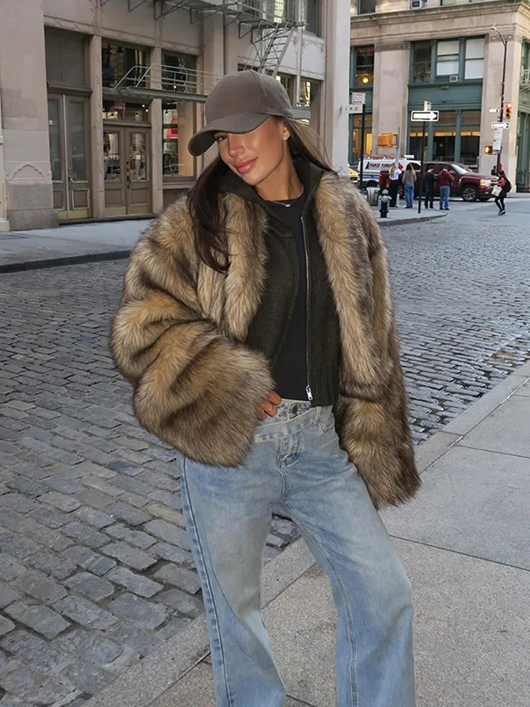 Fashion Fluffy Faux Fur Coat For Women Warm Lapel Long Sleeve Short Jacket 2025 Winter Female High Street Outerwear 241206