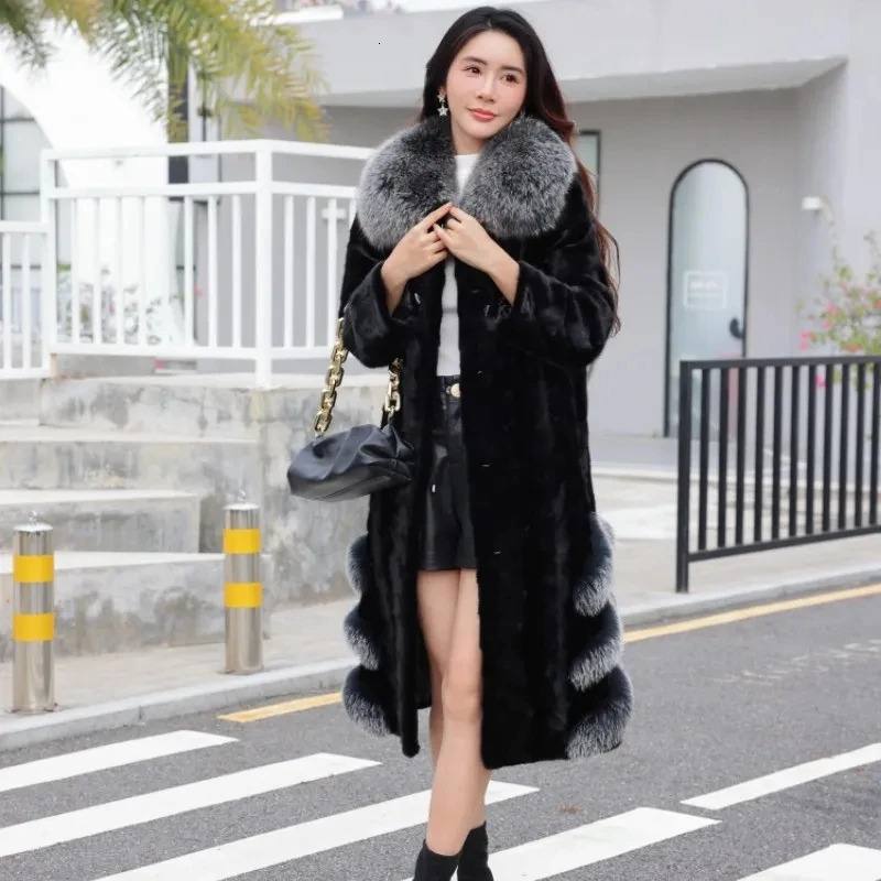 Mink coat womens premium 100% real mink coat womens winter coat real fox collar womens jacket loose fur coat 241202