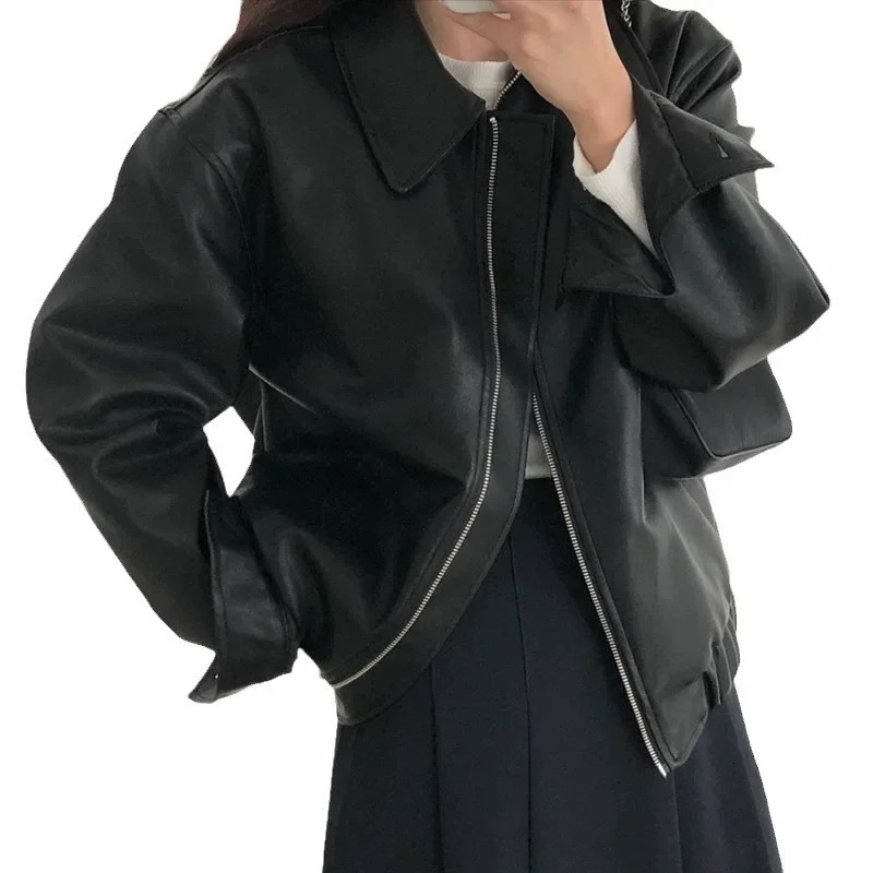 Chicautumnunique Korean Style Womens Leather Jacket Casual Loose Fit Long Sleeve Motorcycle Clothing Lapel Zipup n 241202