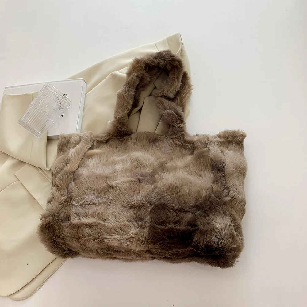 Womens fur shoulder bag soft tie dye shopping bag large capacity plush top handbag womens outdoor leisure bag 241205