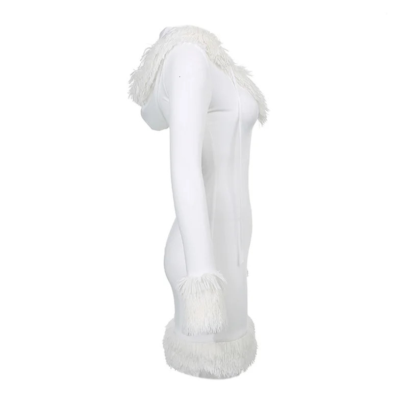 Womens plush hem patchwork Frenulum V-neck hooded dress winter solid color long sleeved womens white 241205 - view 7