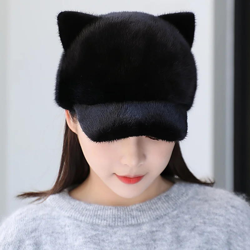 Fashionable Korean womens baseball cap winter thick mink duck cap cute cat ears real fur outdoor casual ear cap 241206