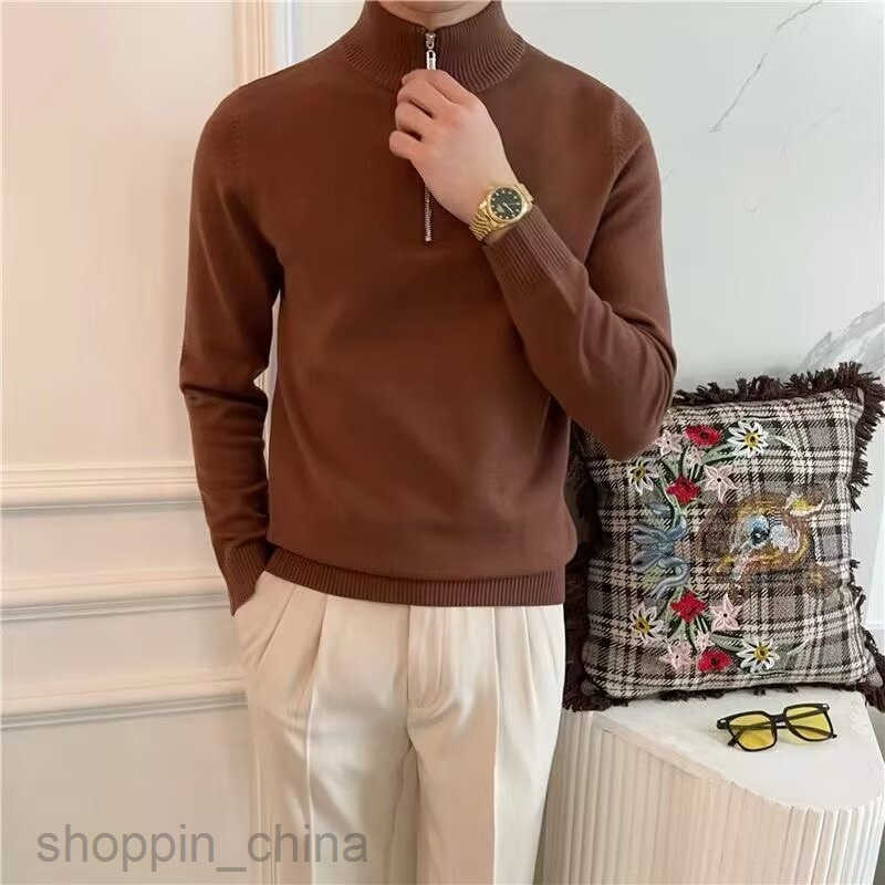 Men's Sweaters New autumn and winter men solid color semi high neck knitted sweater thick long sleeved casual winter zipper pullover sweater