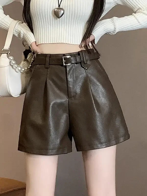 Womens Autumn High Waist PU Leather Shorts Womens Casual Wide Leg Shorts Womens Solid Color Shorts L535 241206