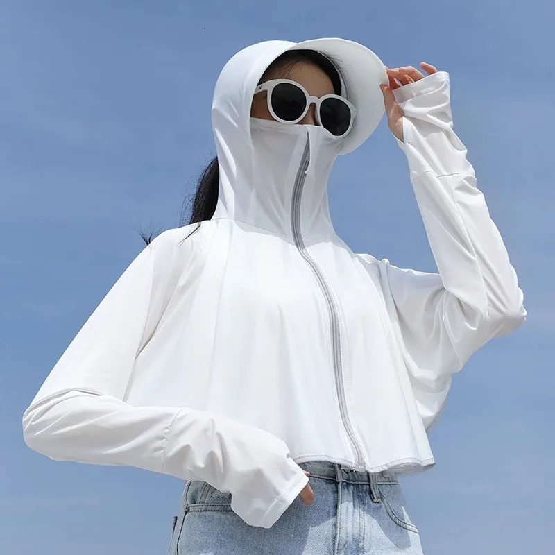 UPF 50Womens Sunscreen Hoodie Solid Color Thin Ice Silk Summer UV Protection Long Sleeve Jacket Breathable Shirt Clothing 241206