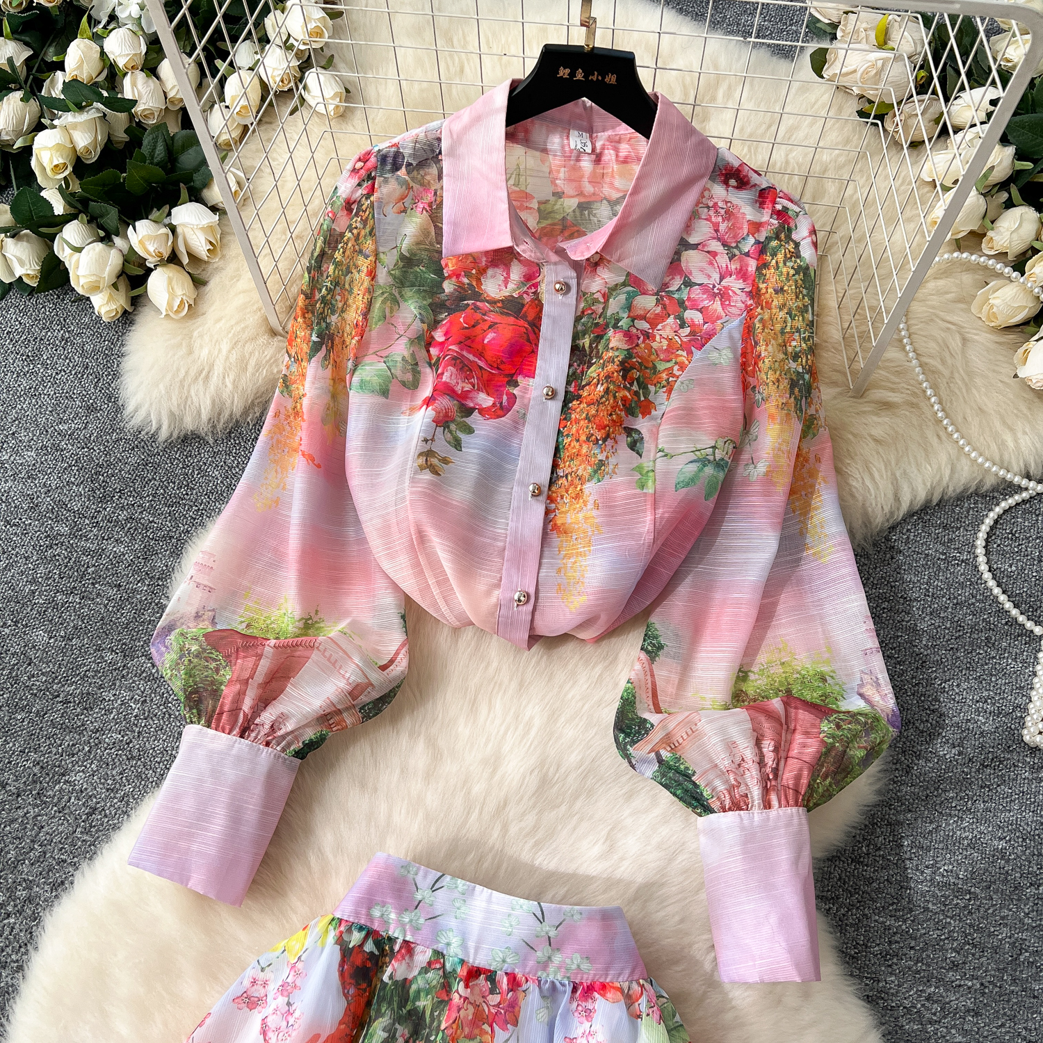 Two Piece Dress Women Summer Bohemian Floral Print Skirt Set Long Sleeve Blouses Tops & High Waist Pleated Maxi Skirt Female Two Piece Suits