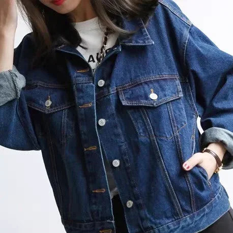 Autumn Korean womens denim jacket loose BF style short fashionable casual revolving door collar cotton blue 241206