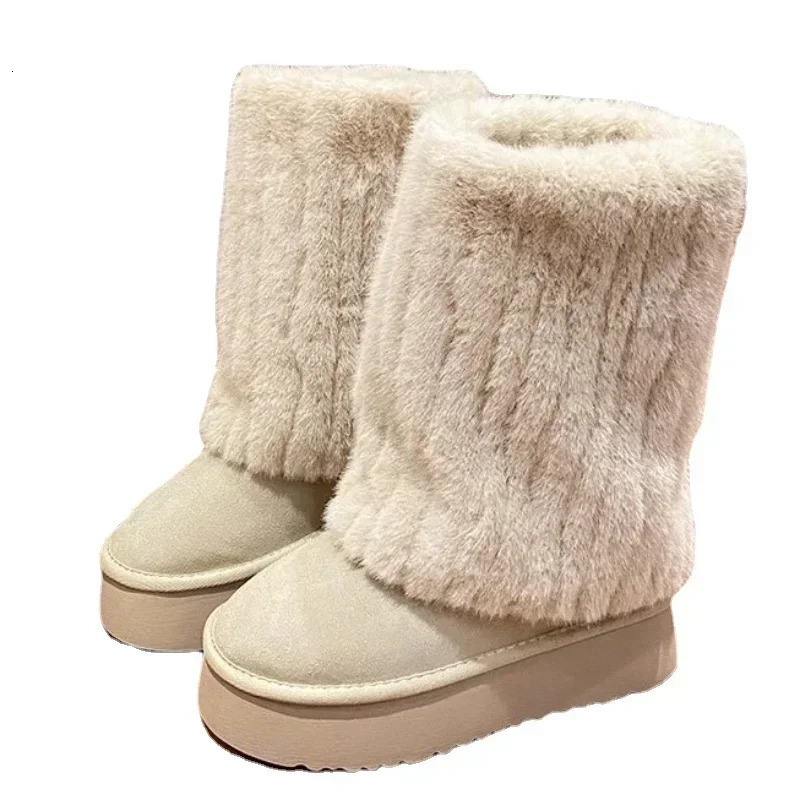 2023 Womens Skating Boots Winter Round Toes Solid Wood Plush Warm Middle Heel Waterproof Casual Snow 241206