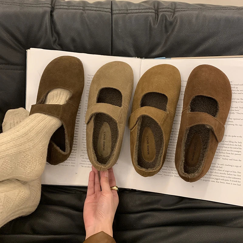 Warm wool womens Mary Jane shoes fashionable light round toe apartment comfortable outdoor soft soled 241206