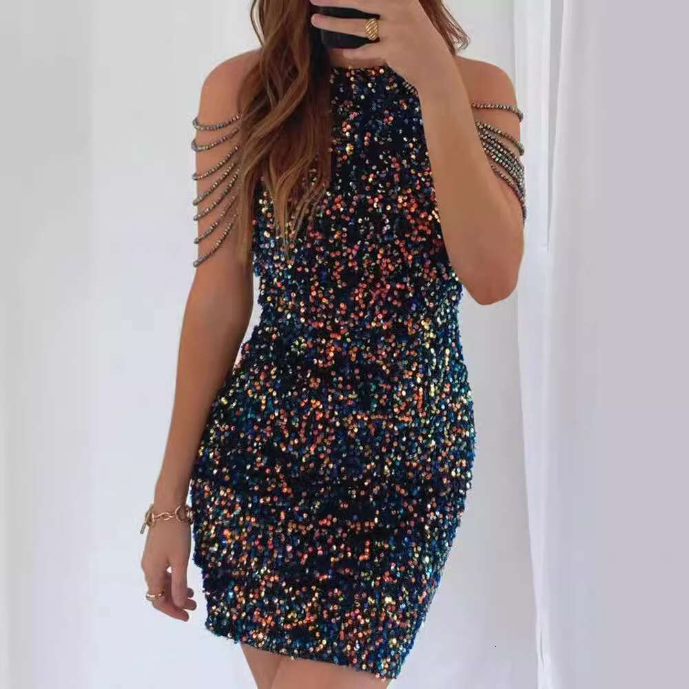 Spring/Summer Product Fashionable Hanging Neck Sexy Crystal Chain Hip Wrapping Glitter European and American Mid Waist Evening Dress 2024 Versatile Ne