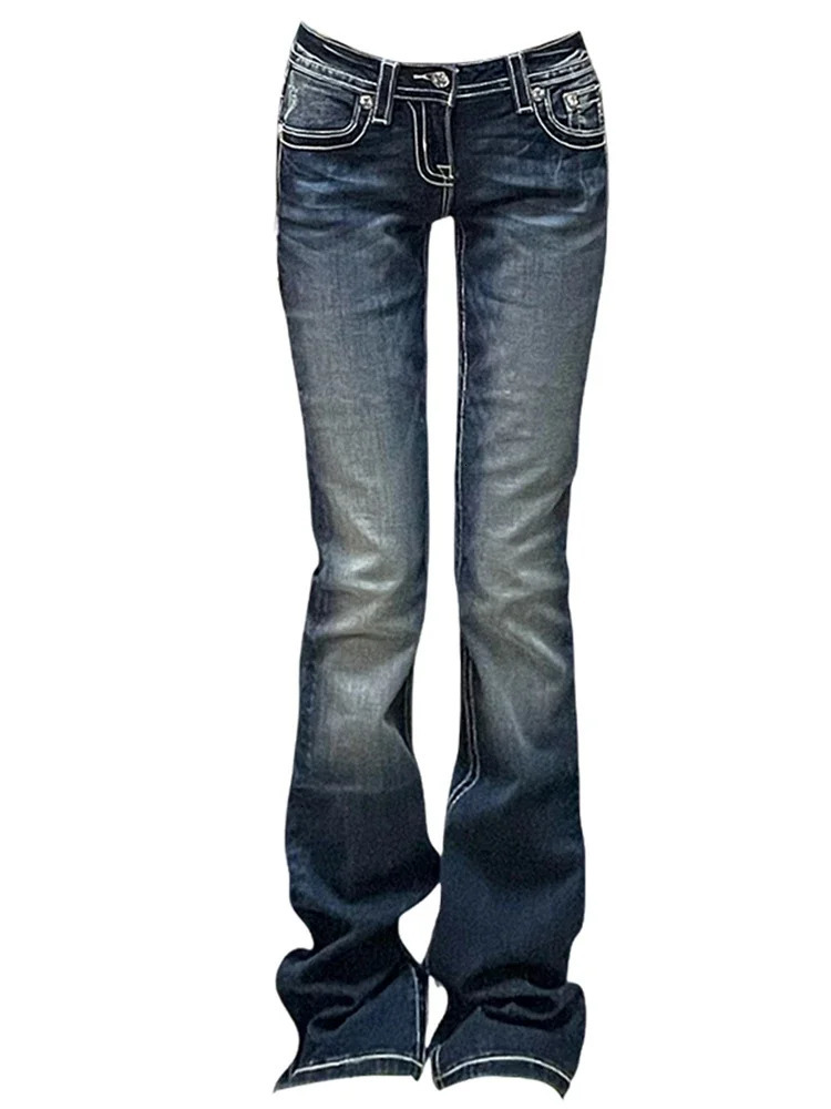 Womens Gyaru Japanese Harajuku Garbage Y2K Jeans Low Rise Shining Denim Pants 2000s Clock Bottom Pants Kpop Retro Ultra Thin Pants 241204