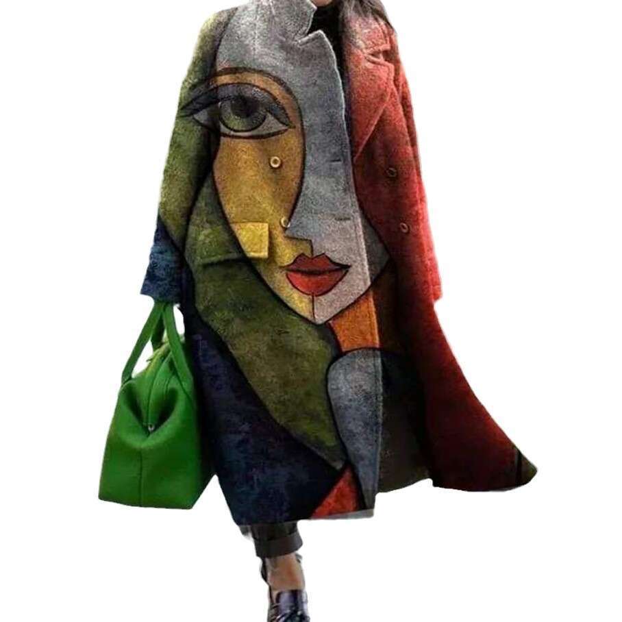 European and American autumn women's long sleeved lapel jacket printed woolen oversized windbreaker 2024 new casual versatile fashion clothing