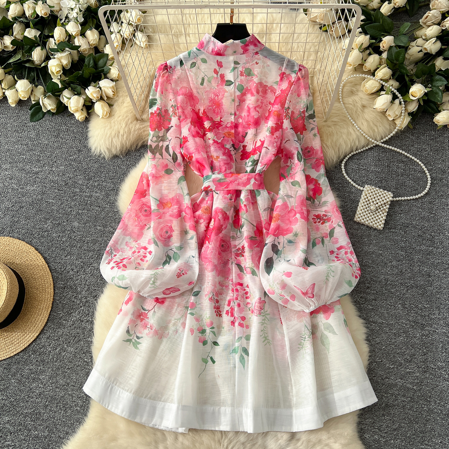 Casual Dresses 2025 Spring Holiday Gorgeous Flower Organza Dress Women Lantern Long Sleeve Beaded Button Floral Print Belt Lace Up Boho Ves