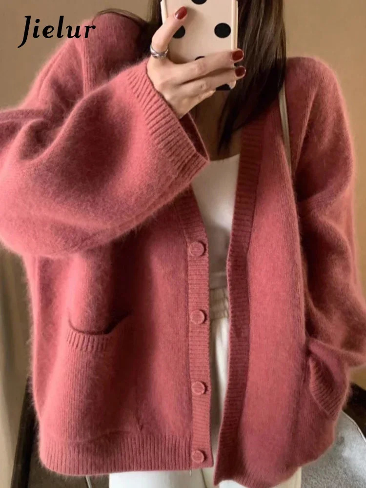 Korean black chic Vneck single chest knitted womens cardigan solid color long sleeved loose casual 241206