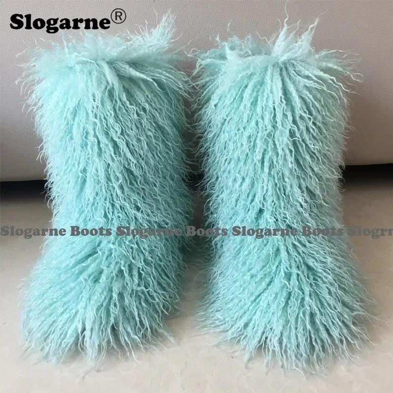 Winter boots fur leather shoes teddy snow fluffy and warm artificial wool plush fashionable Mongolian 241206