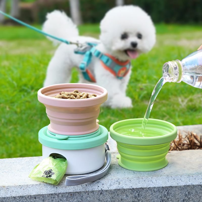 Pet BowlFolding Silicone BowlDog Drinking BowlOutdoor Pet Multifunctional Feeding SetPortable BoxPick Up Poop Bag