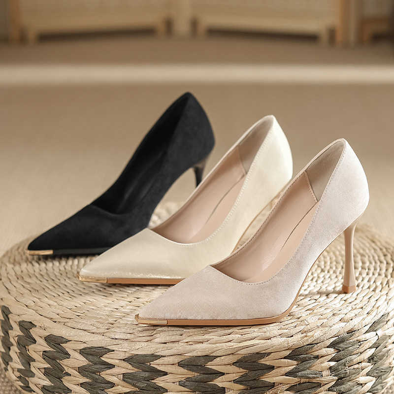 Metal toe anti kick pointed fine toe velvet satin high heels for women solid color commuting thick soled work heels