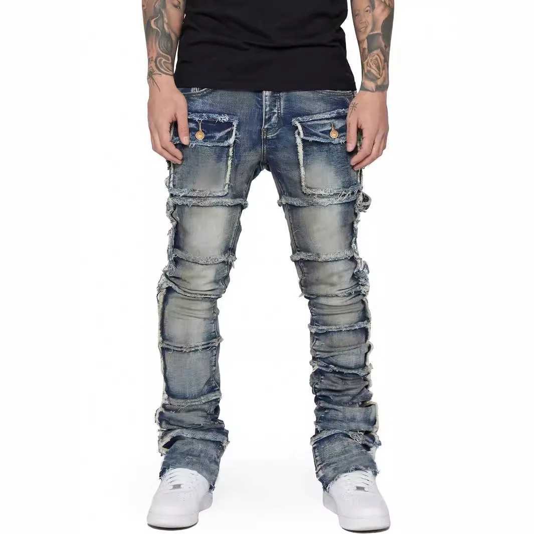 Retro Stretch Patchwork Mens Cargo Pants Distressed Button Pockets Denim Straight Trousers Fashionable Vintage Male Streetwear M250610