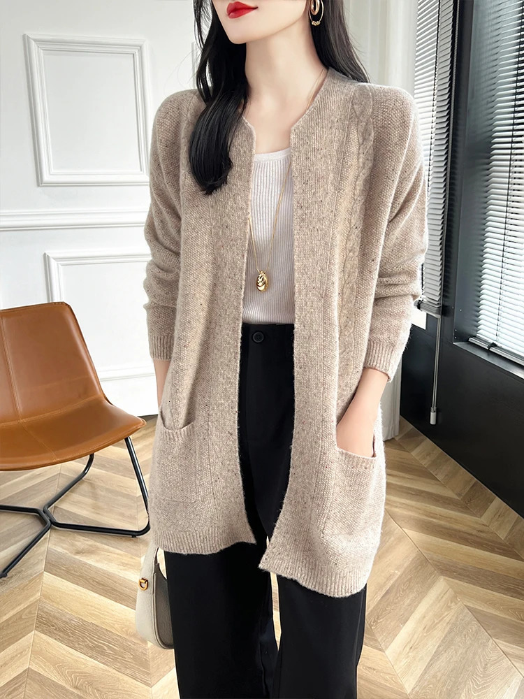 Womens Cashmere Cardigans Autumn Winter Sweater 100% Merino Wool Knitwear Long Sleeve Pockets Chic Casual Dot Clothing Tops 241203