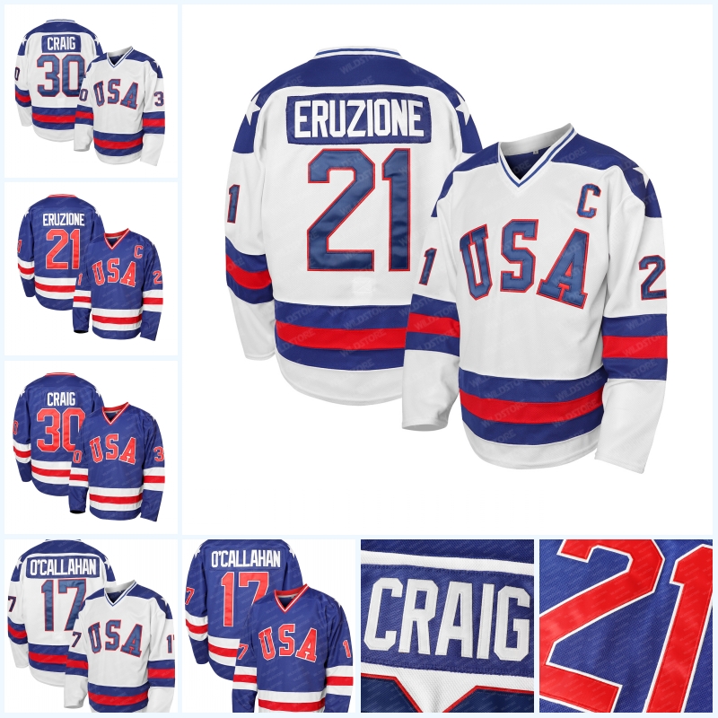 1980 Team USA Hockey Jerseys 30 Craig 21 Eruzione 17 O'Callahan 1980 Miracle USA Vintage Jerseys White Blue S-3XL Name Name Name Number